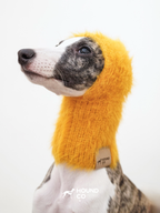 Mustard yellow fuzzy snood with ear holes from Hound Co., worn by a whippet, designed to keep sighthounds' heads and long necks warm and cozy.