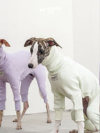 Green sighthound fleece onesie with ergonomic breed-specific cut and high collar for warmth and comfort