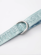 Mint blue GENTLEBEAST dog leash displayed on a wooden surface, showcasing its soft texture and sturdy clasp.