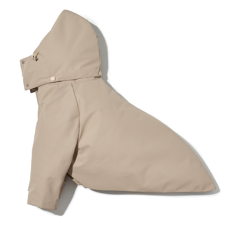 Flat lay of a khaki dog down jacket with detachable hood and four-leg construction