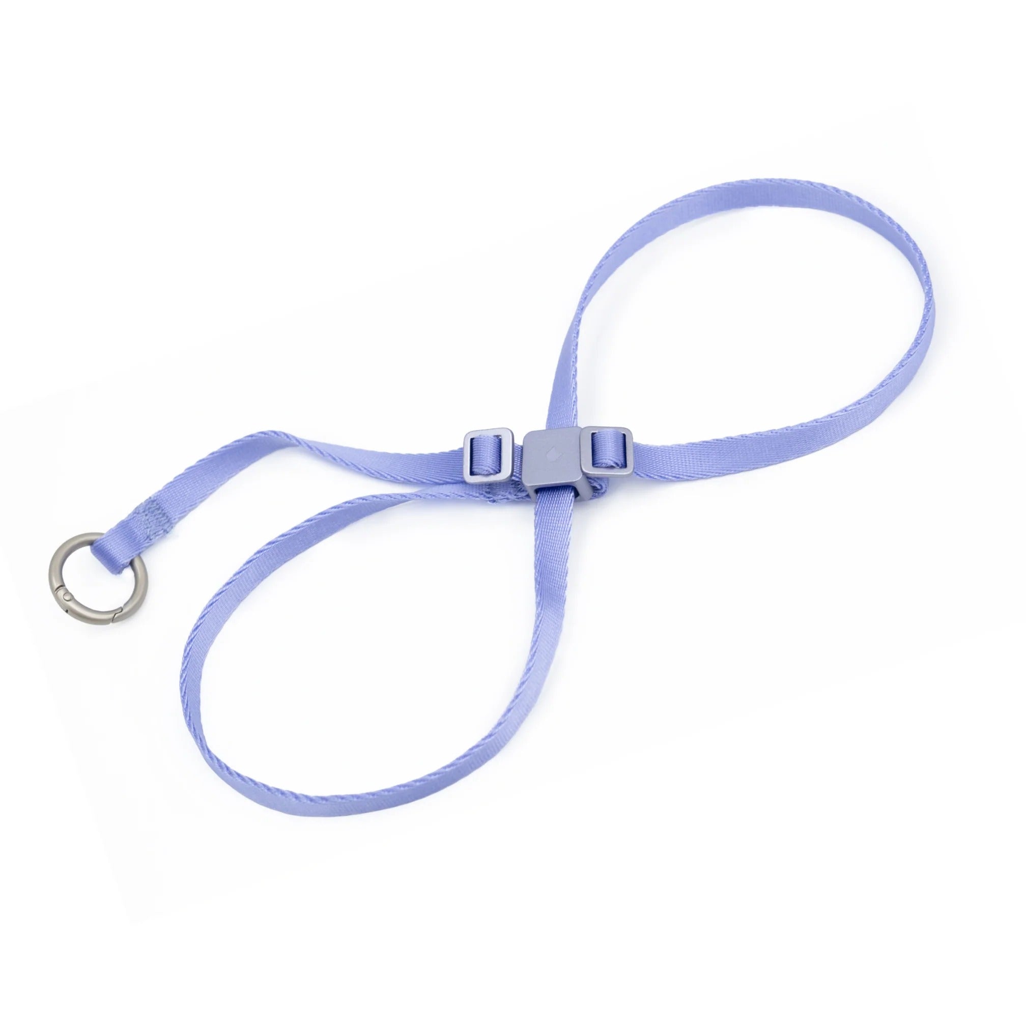 Lavender cat harness designed with a square connector buckle, adjustable strap buckles, and metal ring