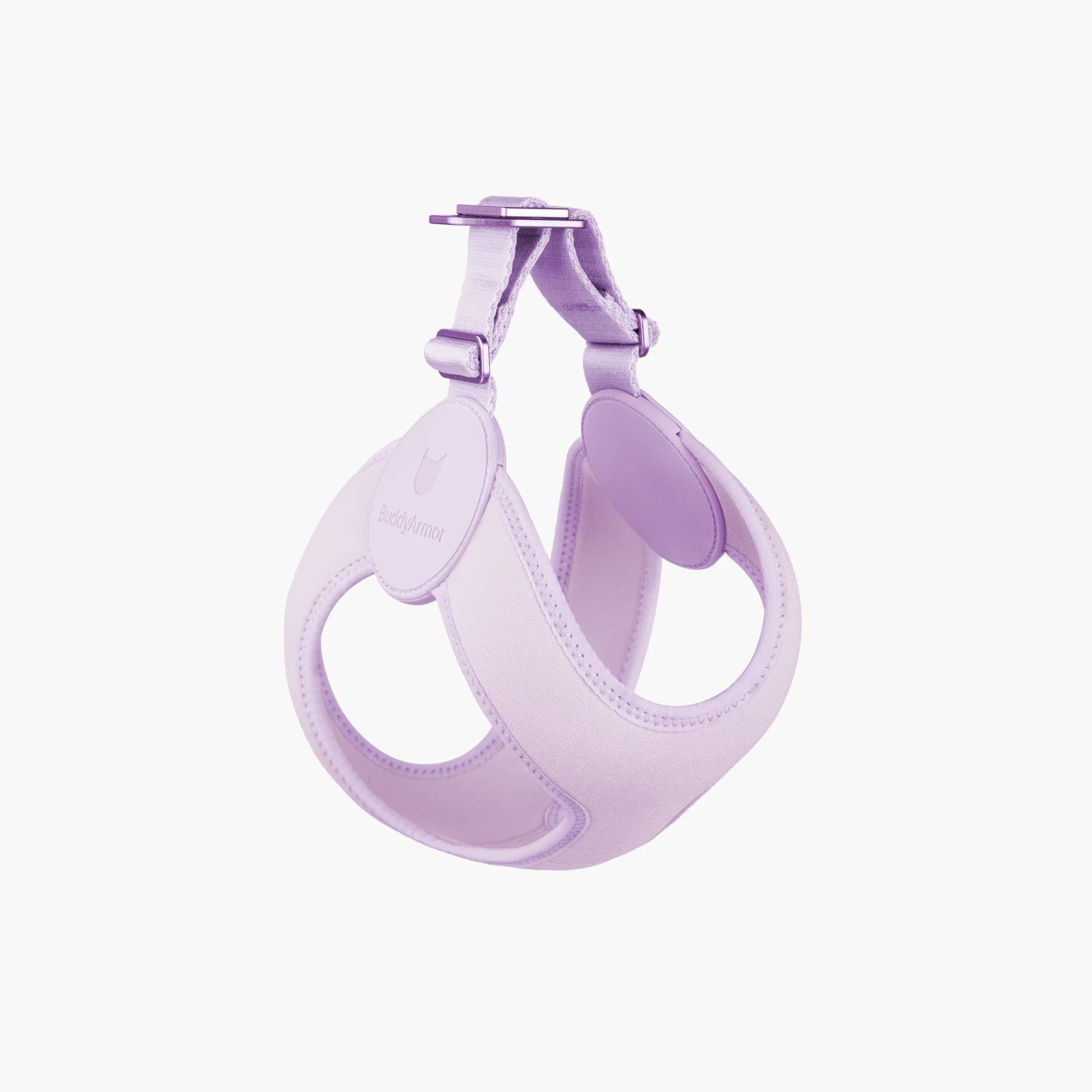 Lavender dog harness with square buckle connector, adjustable strap buckles, and metal hardware on white background