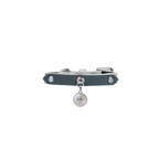 Blue leather dog collar laid flat, showing clean edges, metal fasteners, and charm placement