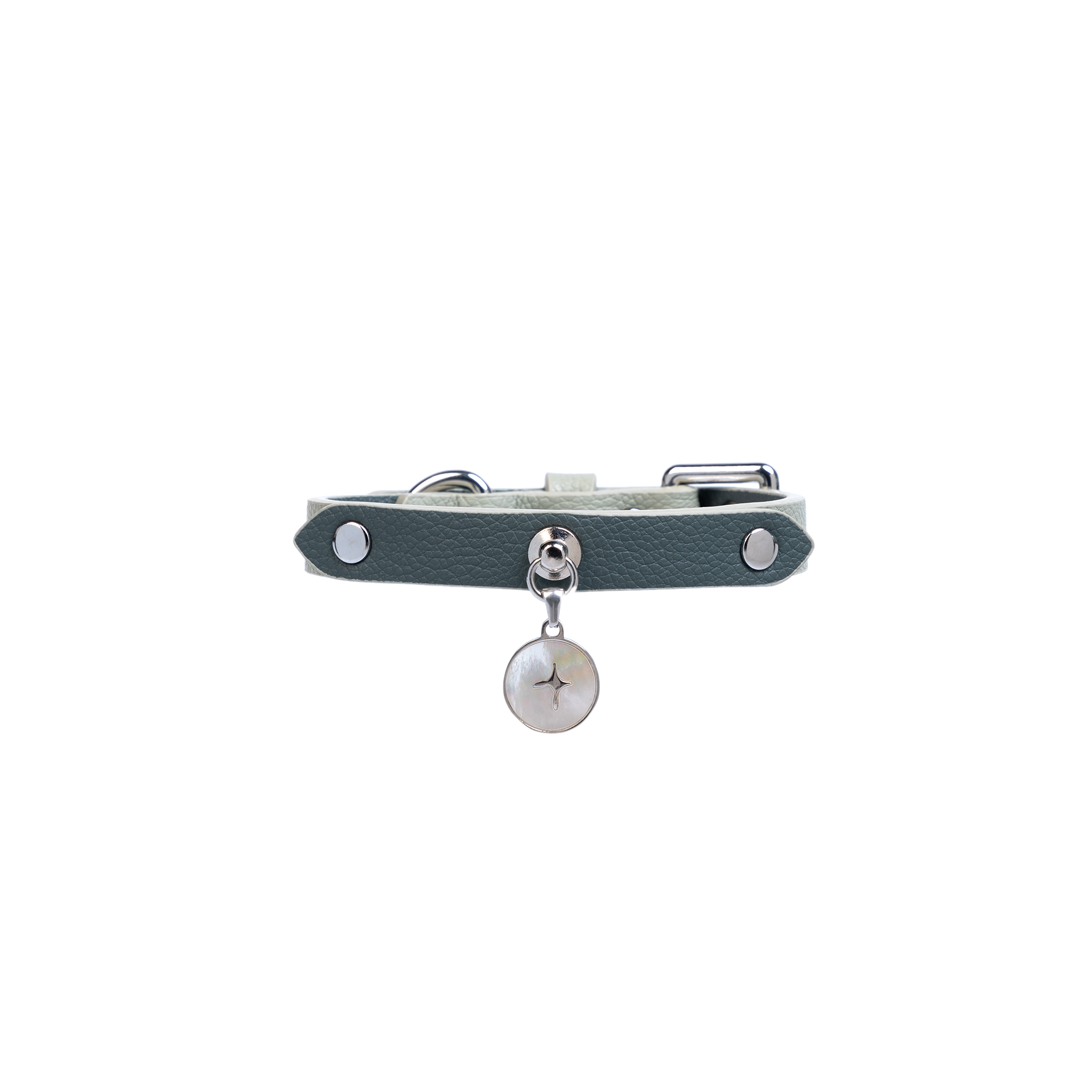 Blue leather dog collar laid flat, showing clean edges, metal fasteners, and charm placement