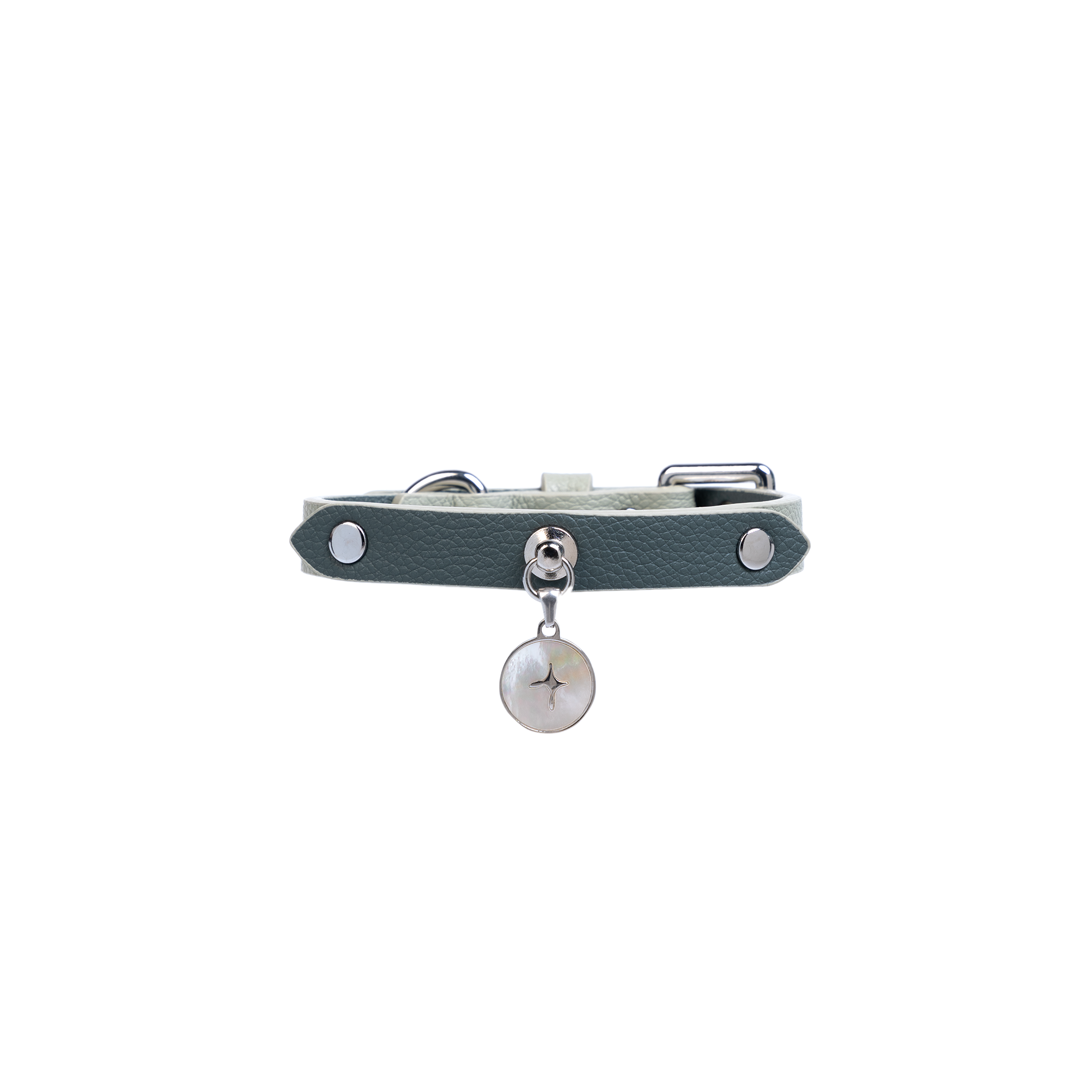 Blue leather dog collar laid flat, showing clean edges, metal fasteners, and charm placement