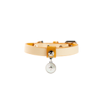 Ivory leather dog collar with a mother-of-pearl charm, featuring a lightweight design and polished metal hardware