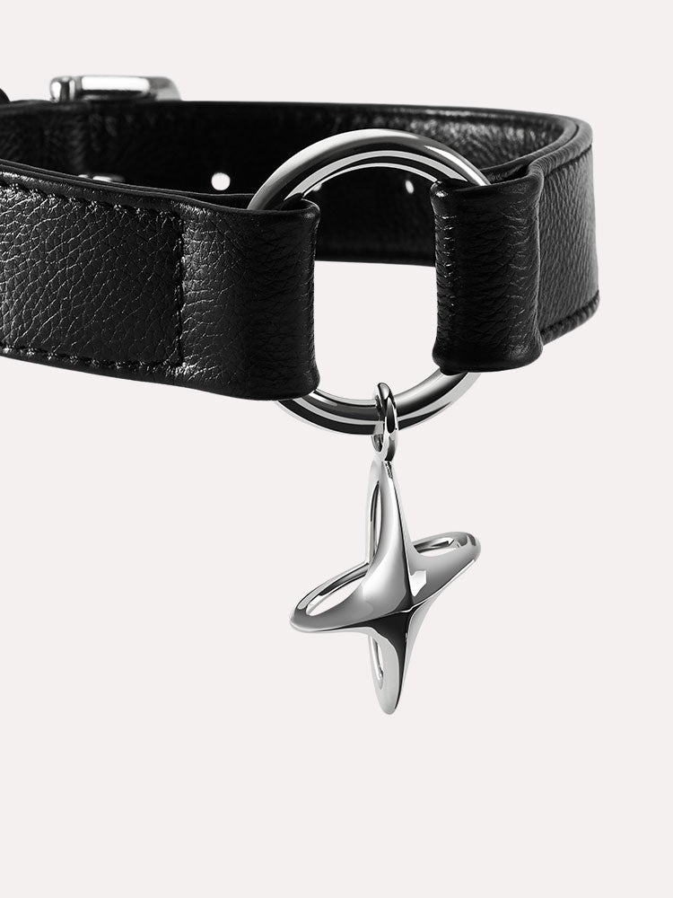 Luxury leather dog collar featuring stainless steel ring and star charm detail, designed for medium to large dogs