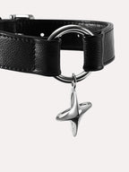 Luxury leather dog collar featuring stainless steel ring and star charm detail, designed for medium to large dogs