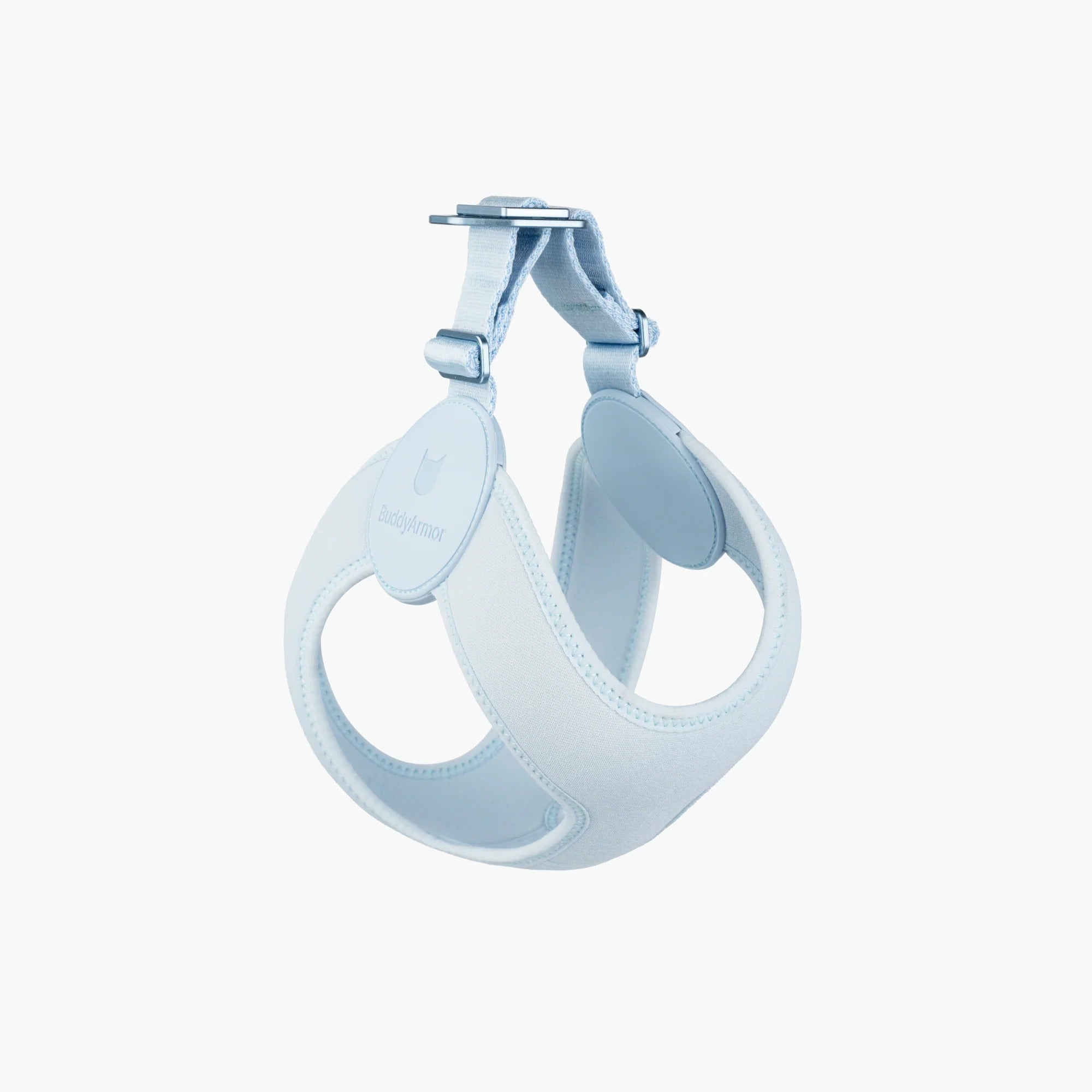 Light blue dog harness designed with curved fit, adjustable straps, and aluminum hardware