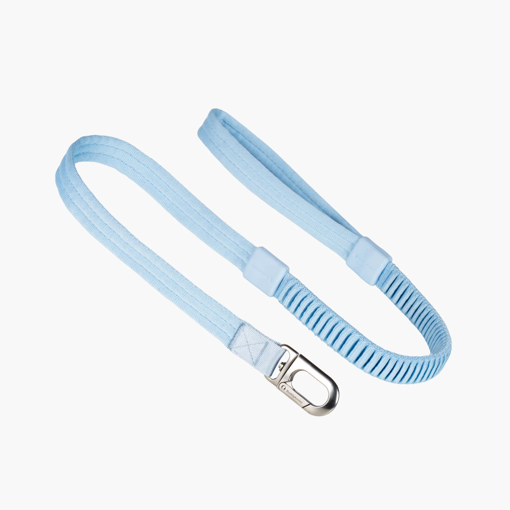 A light blue dog leash displayed flat, with a fabric loop handle, elastic section, and metal hook visible
