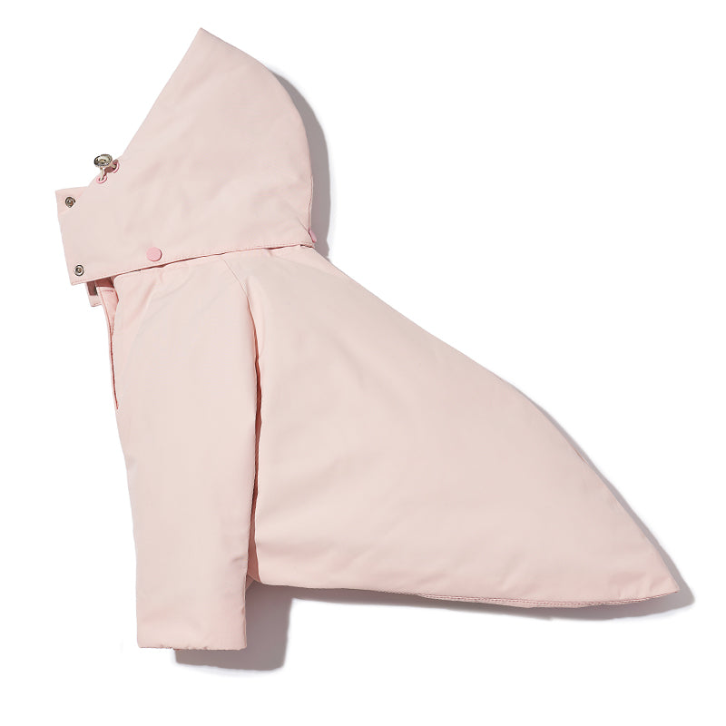 Flat lay of a light pink dog down jacket with detachable hood and smooth fabric finish
