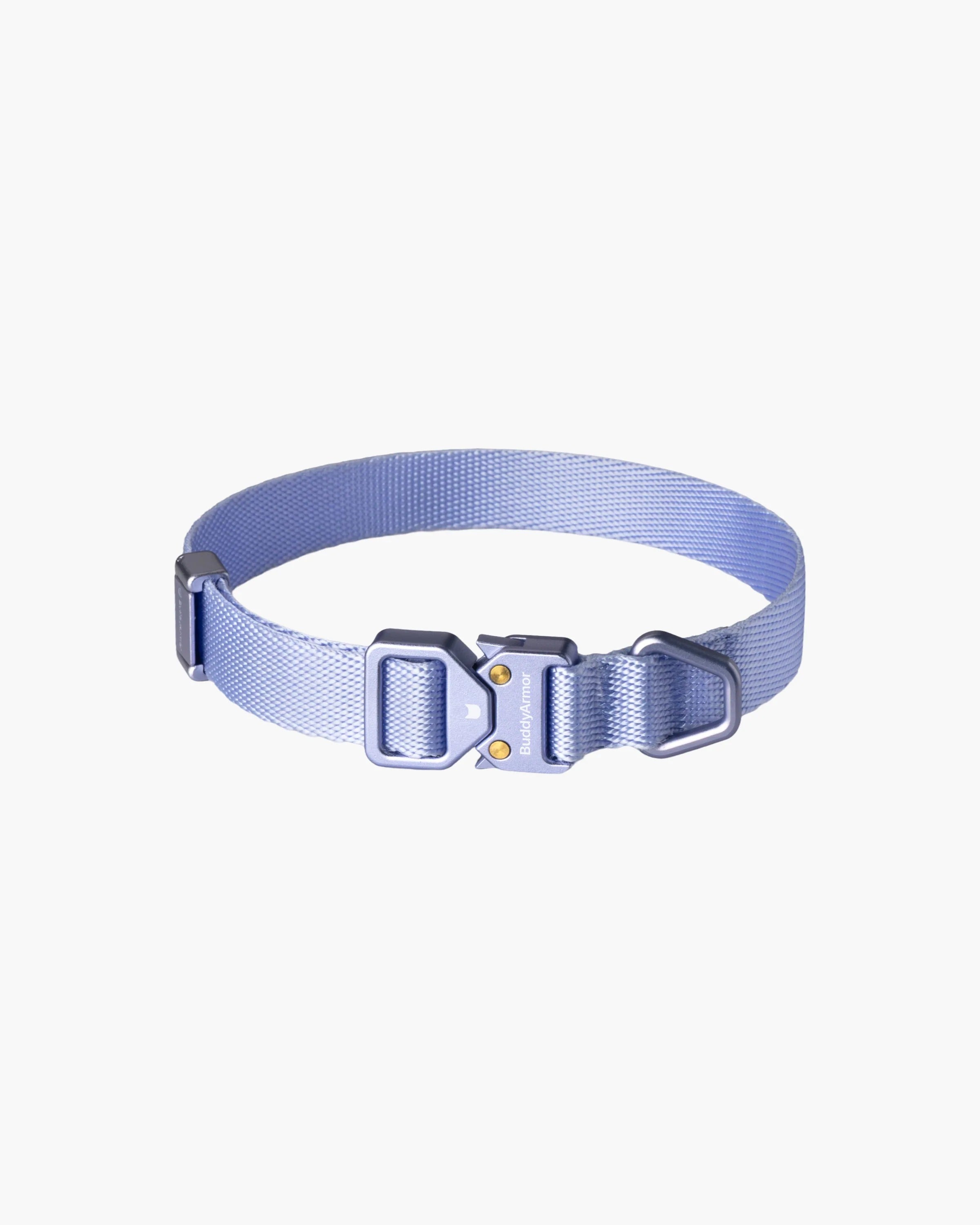 Light purple dog collar with metal quick release buckle, adjustable strap, and snap adjuster on white background