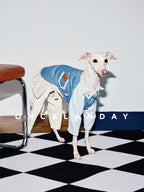 Oncelanday dog denim shirt with stylish blue denim fabric and collar, shown in logo image.
