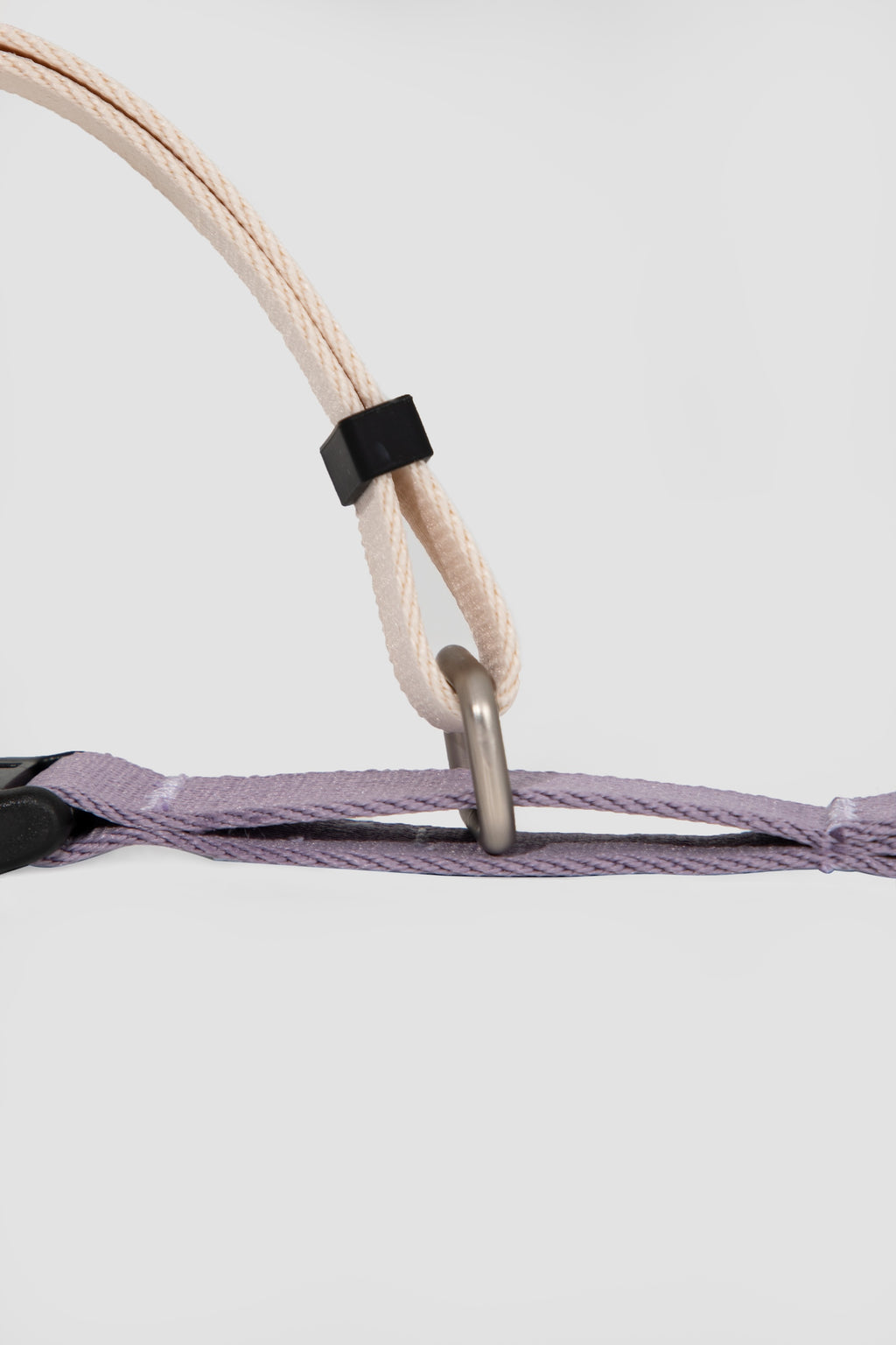 Detail view of a martingale dog collar under gentle tension, illustrating how the collar tightens slightly to discourage pulling.