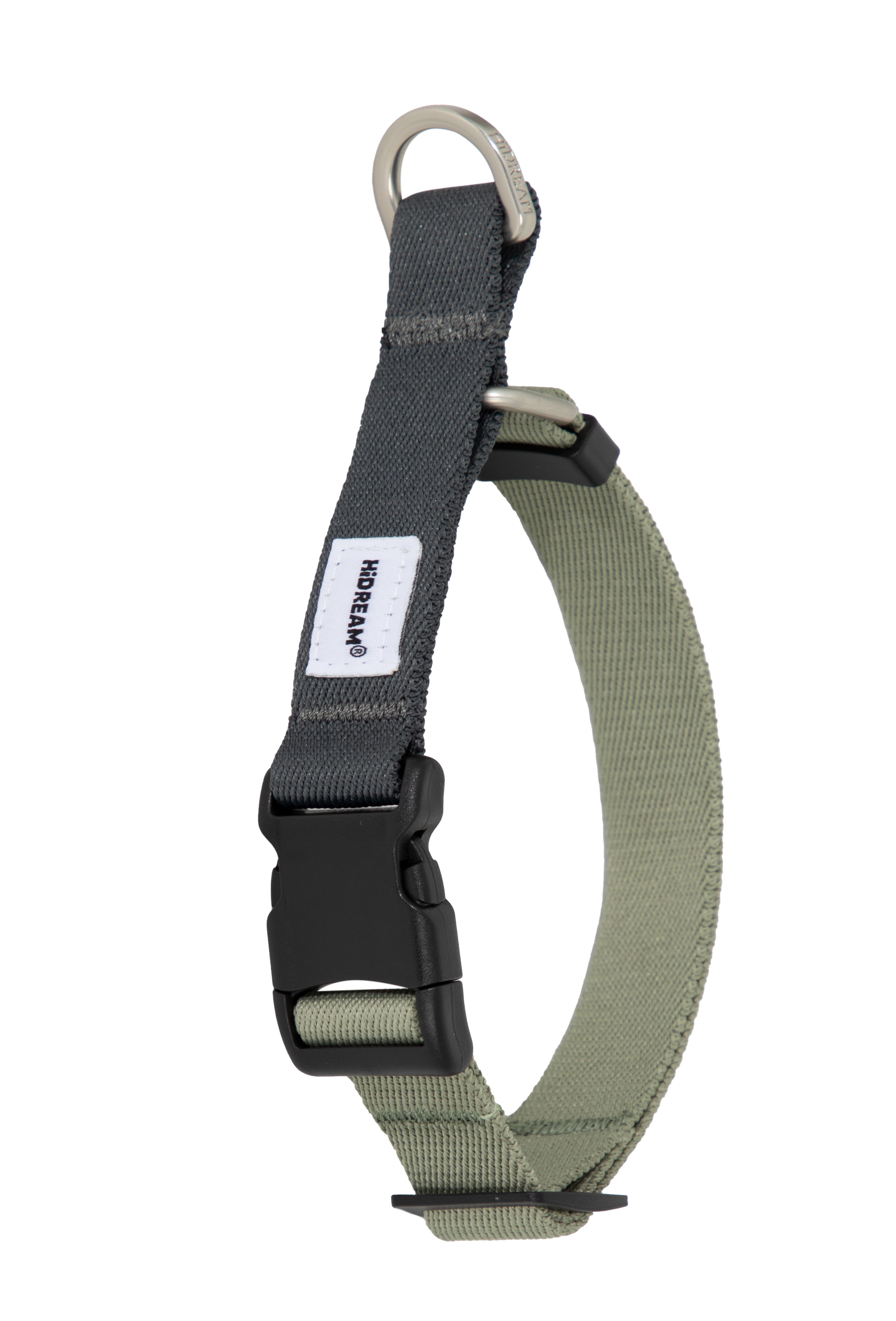 Front view of a martingale dog collar in olive green, shown on a transparent background with adjustable strap and metal hardware.