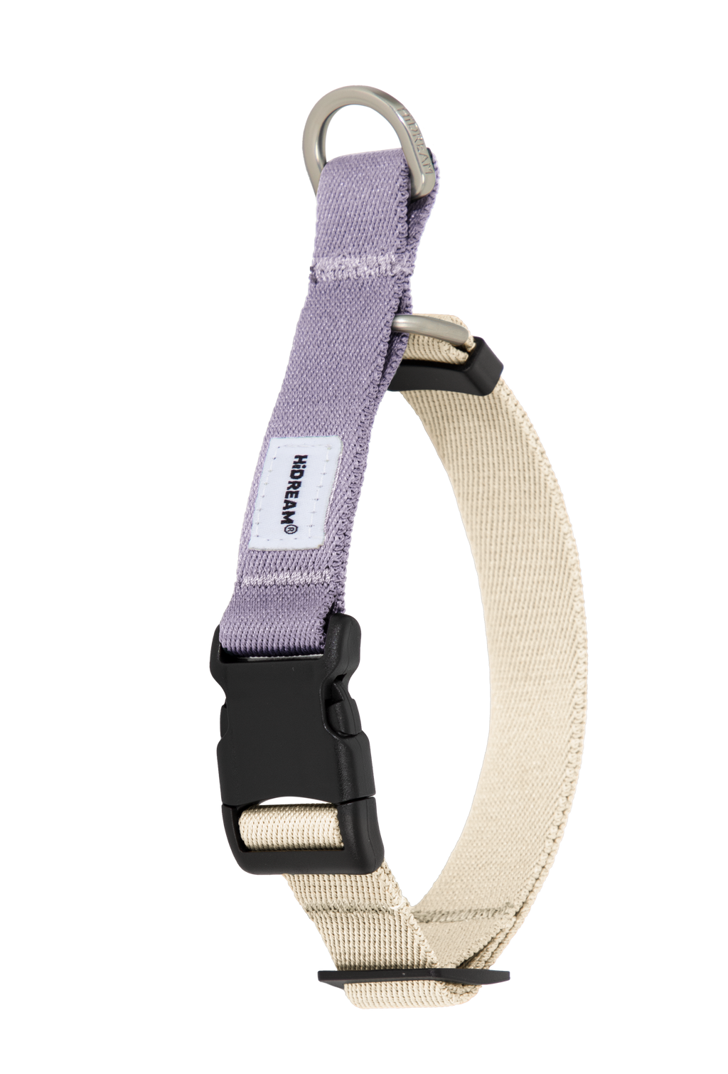Front view of a martingale dog collar in purple, shown on a transparent background with quick-release buckle and D-ring.、