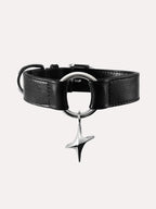 Minimalist black leather dog collar with adjustable fit and polished metal hardware, suitable for medium and large dogs
