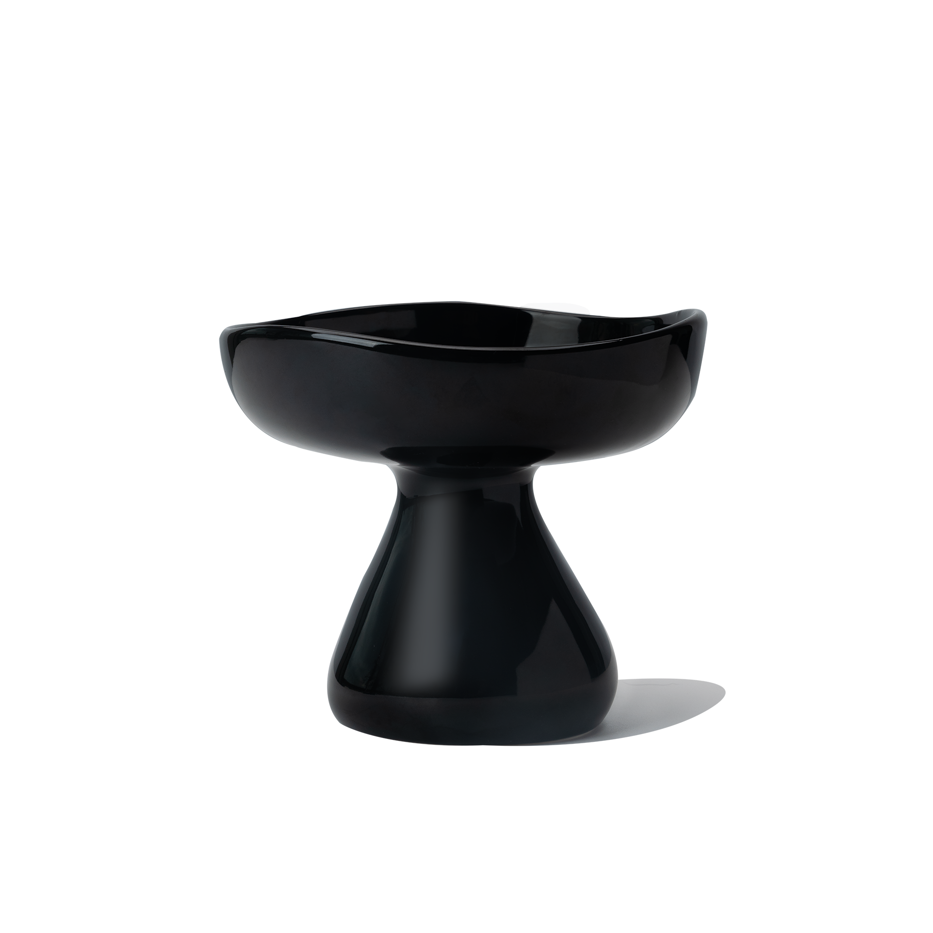 Black mushroom-shape elevated ceramic cat bowl with a smooth glazed finish, designed for ergonomic cat feeding.