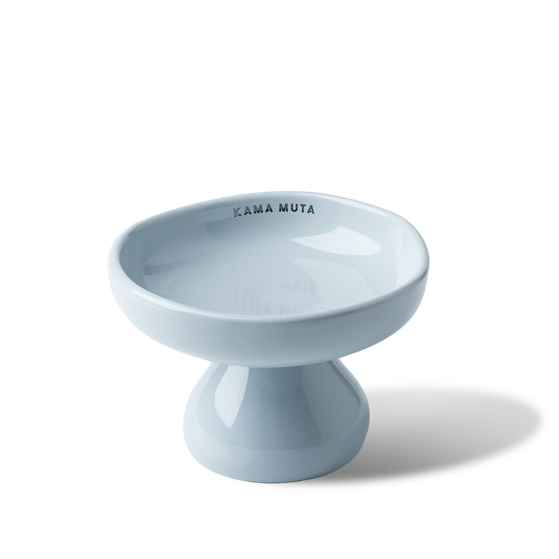 Light blue mushroom-shape elevated ceramic cat bowl designed to reduce neck strain during feeding.