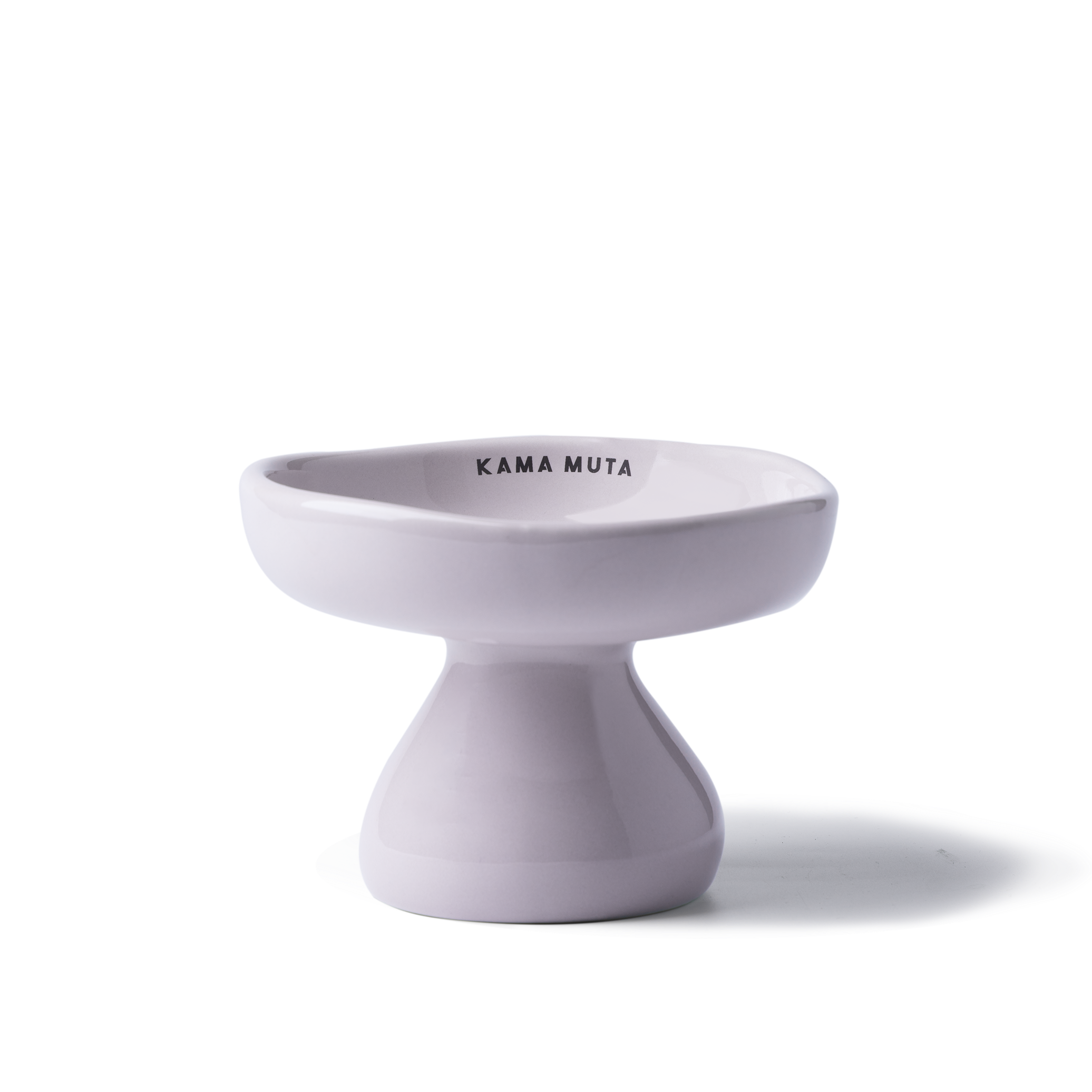Light lilac mushroom-shape elevated ceramic cat bowl with a pedestal base for comfortable feeding posture.