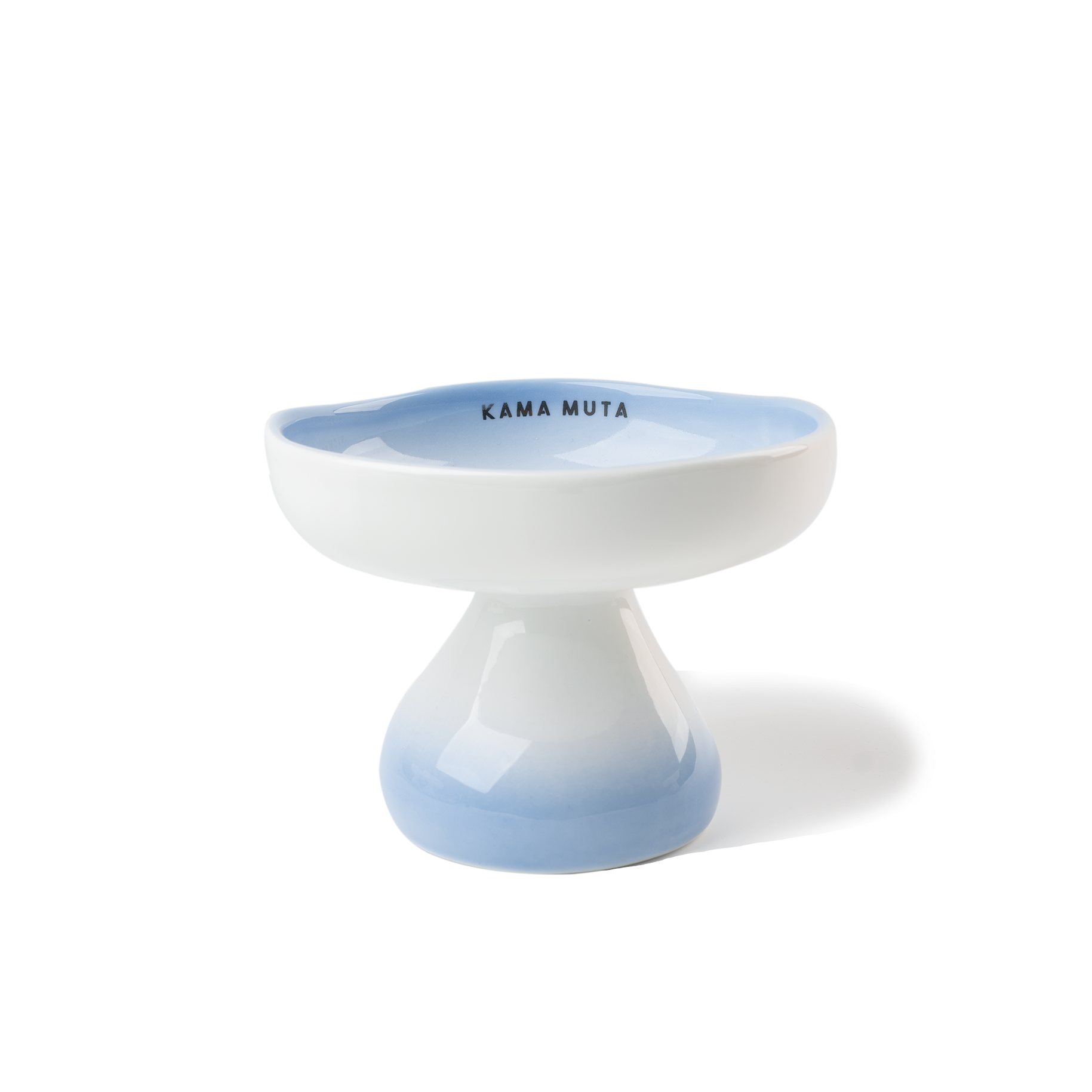 White blue glazed mushroom-shape elevated ceramic cat bowl with a smooth surface and raised pedestal base.