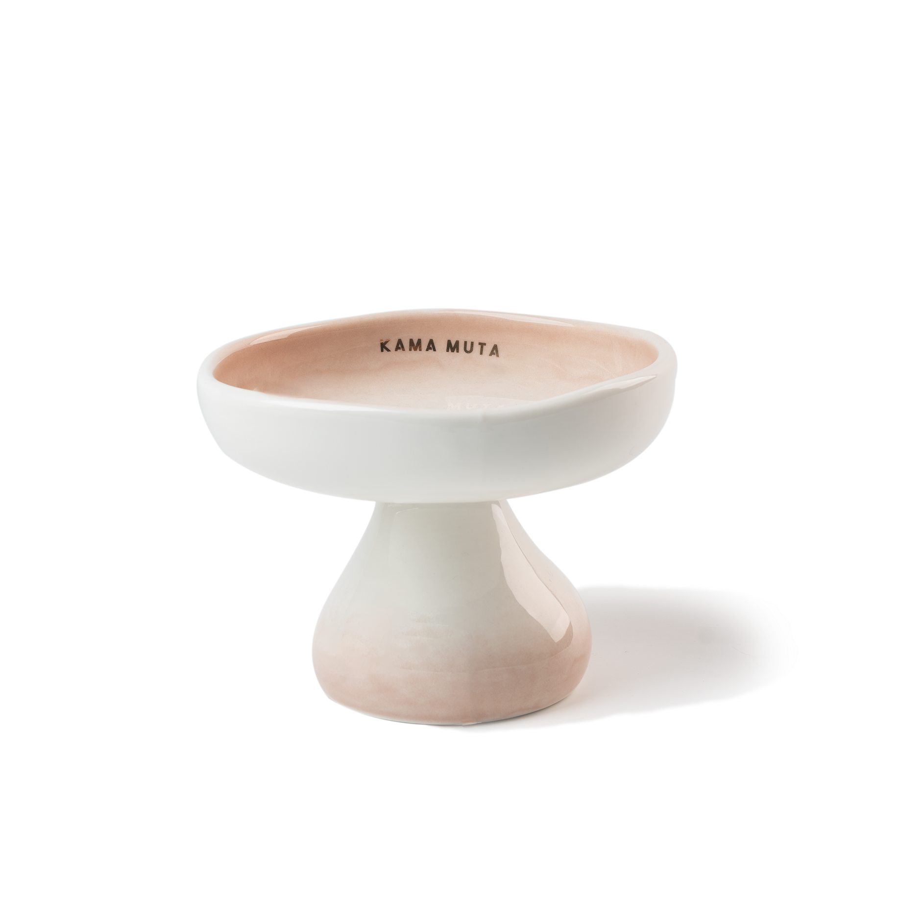 White glazed mushroom-shape elevated ceramic cat bowl with a smooth surface and raised pedestal base.