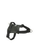 Flat lay of a dark green no-pull dog harness showing the saddle-style body panel, adjustable straps, and front and back metal attachment rings.
