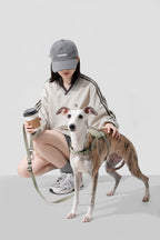 Lifestyle photo of a handler with a dog wearing an olive green no-pull dog harness, with the leash held in hand, showing everyday walking use.
