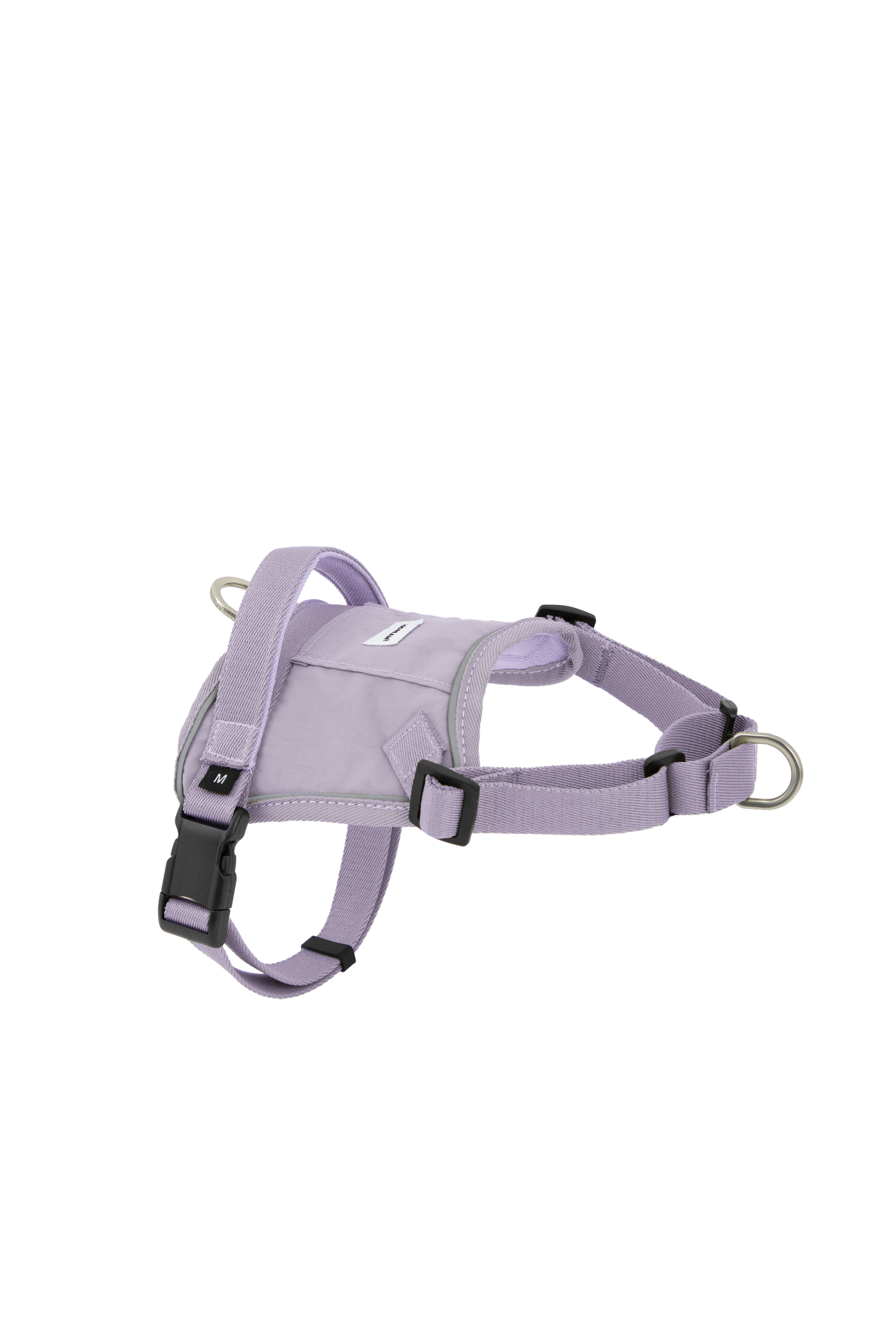 Flat lay of a purple no-pull dog harness showing the adjustable strap system, quick-release buckle, and metal front and back rings.
