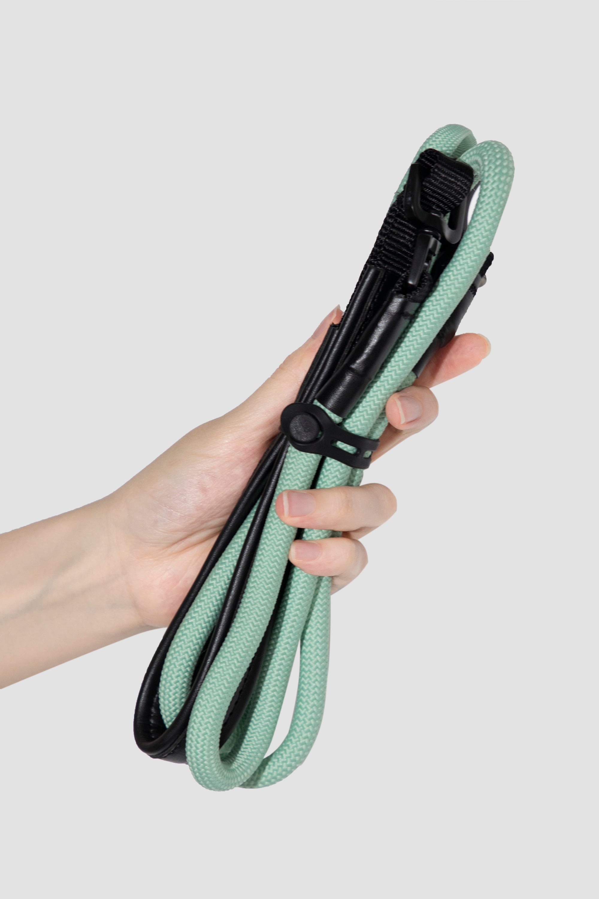 Close-up of nylon rope slip dog leash with leather patch and metal ring, showing material combination for training leash control.