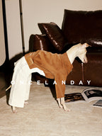 Side view of an Italian Greyhound standing indoors wearing ONCELANDAY lace dog pants, showing the slim-fit silhouette, high-waist design, and rear-leg tailored structure.