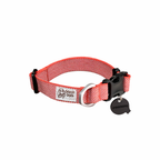Red dog collar with a black tag on a white background