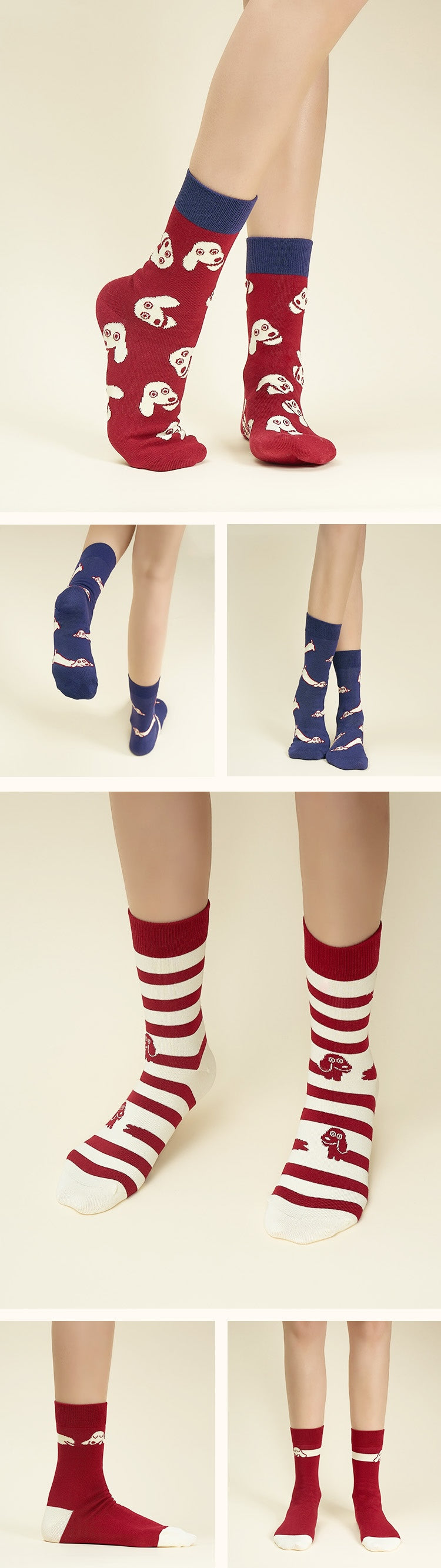 Set of socks with different designs worn by a person on a light background