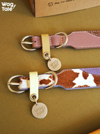 Flat lay of patchwork leather dog collars showing top-grain leather, cowhide texture, reinforced stitching, and durable brass hardware.