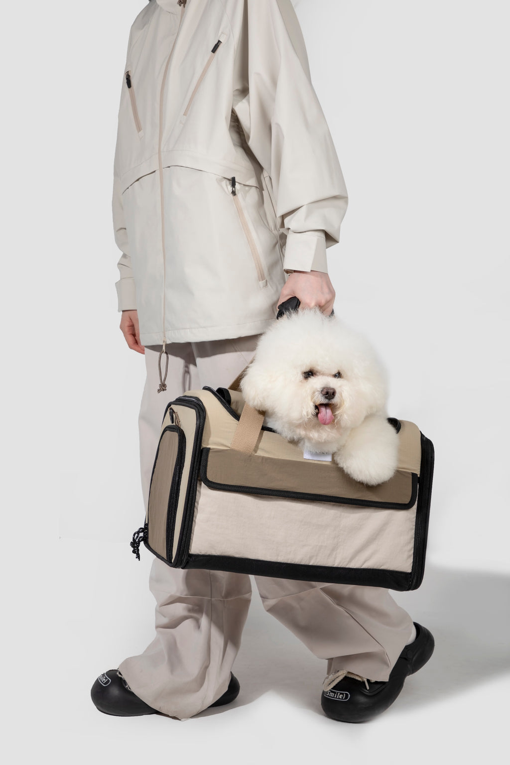 Person carrying a pet flight carrier by the top handles while walking, with the dog resting comfortably inside.