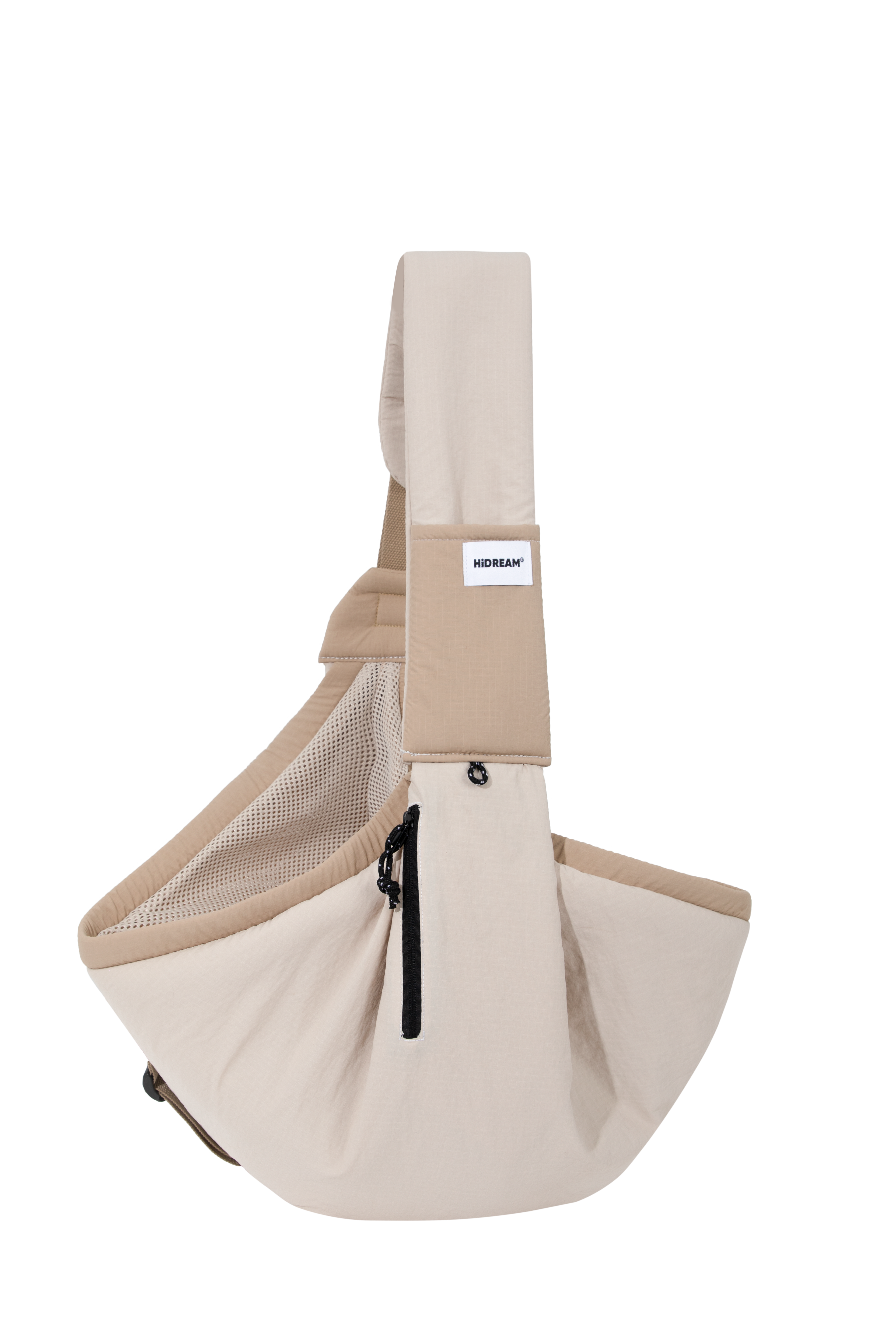 Beige pet sling carrier displayed on its own, showing the neutral color, breathable mesh lining, side zipper pocket, and adjustable strap.