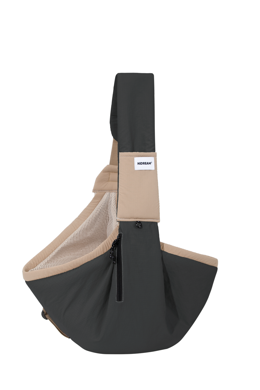 Black pet sling carrier shown alone, displaying the overall shape, shoulder strap, mesh lining, side zipper, and curved pouch design.
