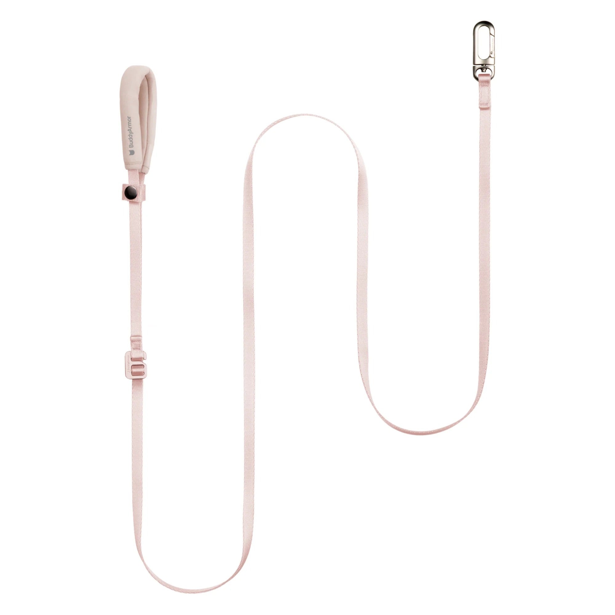 Pink adjustable pet leash featuring nylon webbing, soft handle, and metal hook