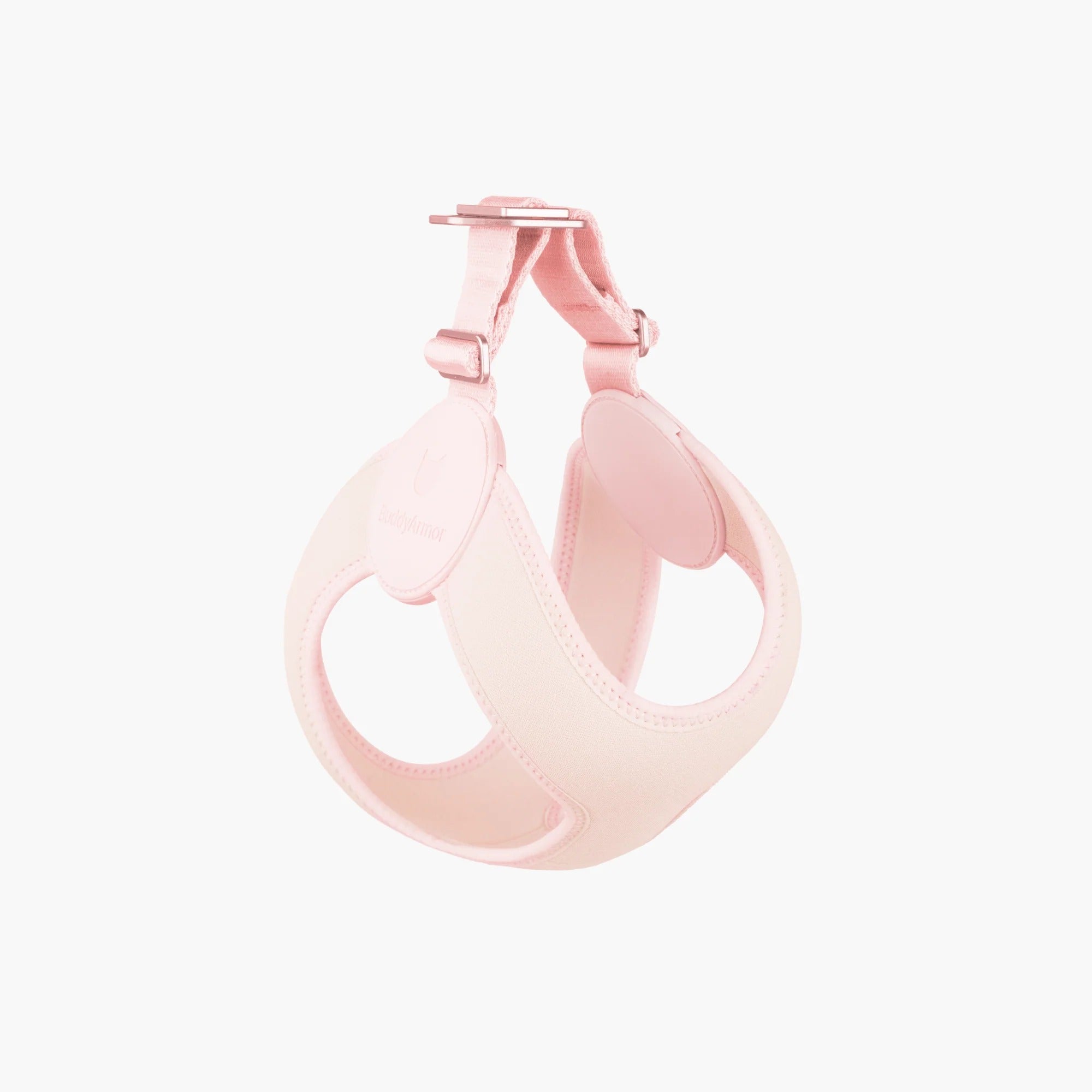 Pink dog harness with stretchy chest panel and lightweight structure on white background