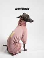 Pink dog suit back view showing seam lines and overall silhouette