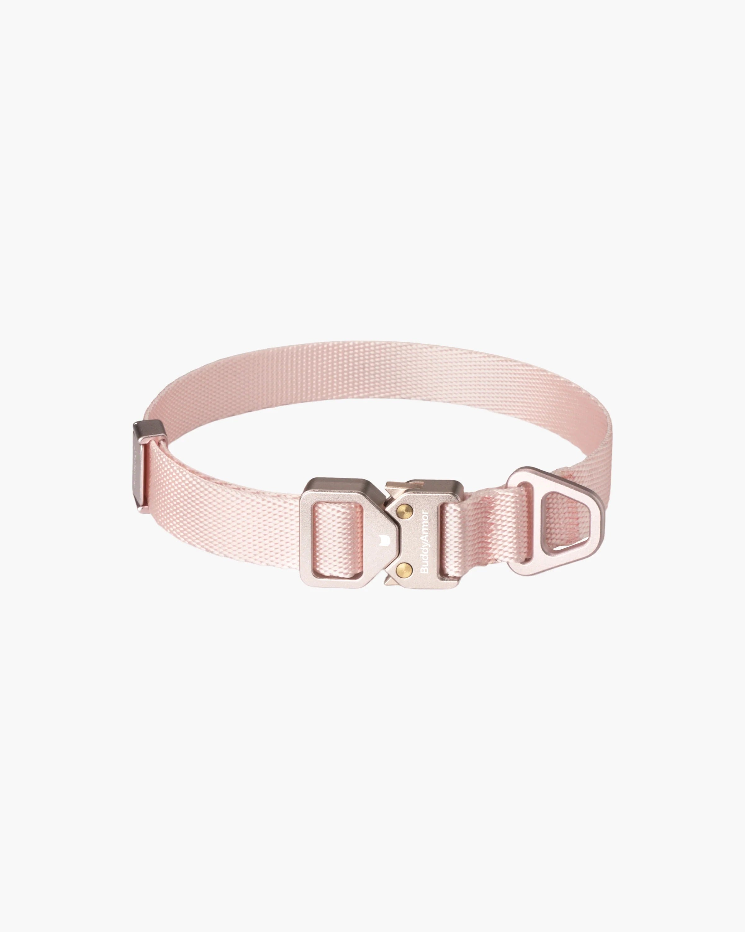 Pink lightweight dog collar with metal buckle and snap adjuster on white background