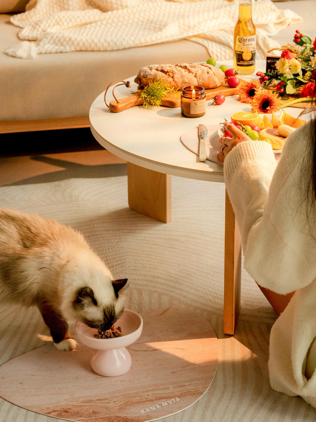Pet placemat set placed under elevated bowl to protect floor during pet feeding time.