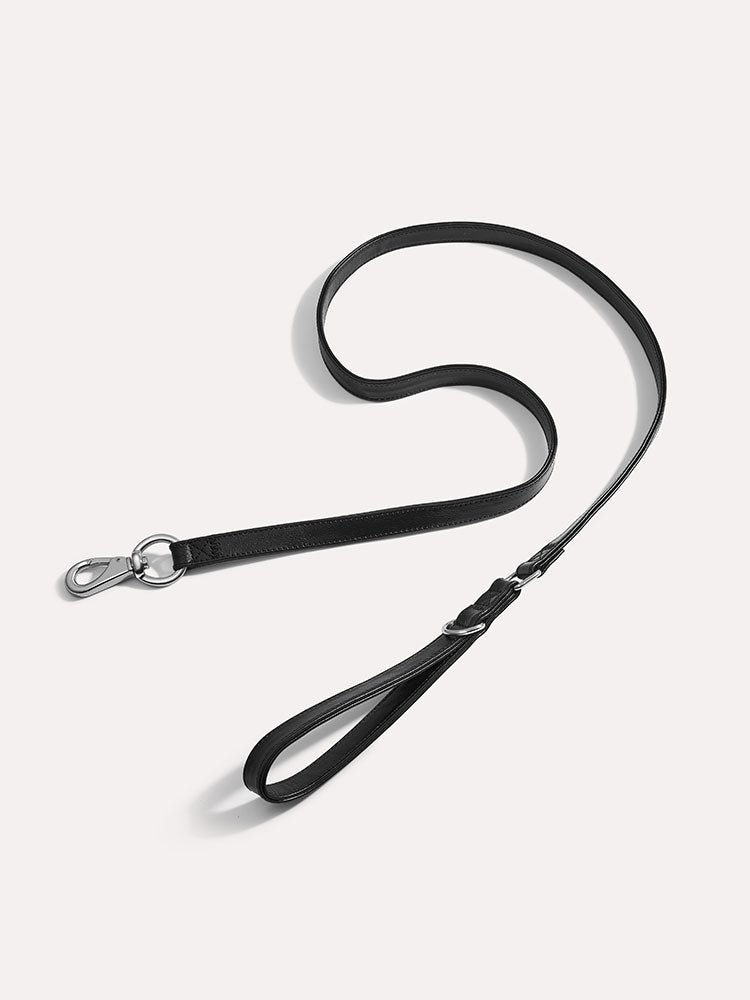 Premium dog leash laid flat to highlight smooth leather texture and balanced length.