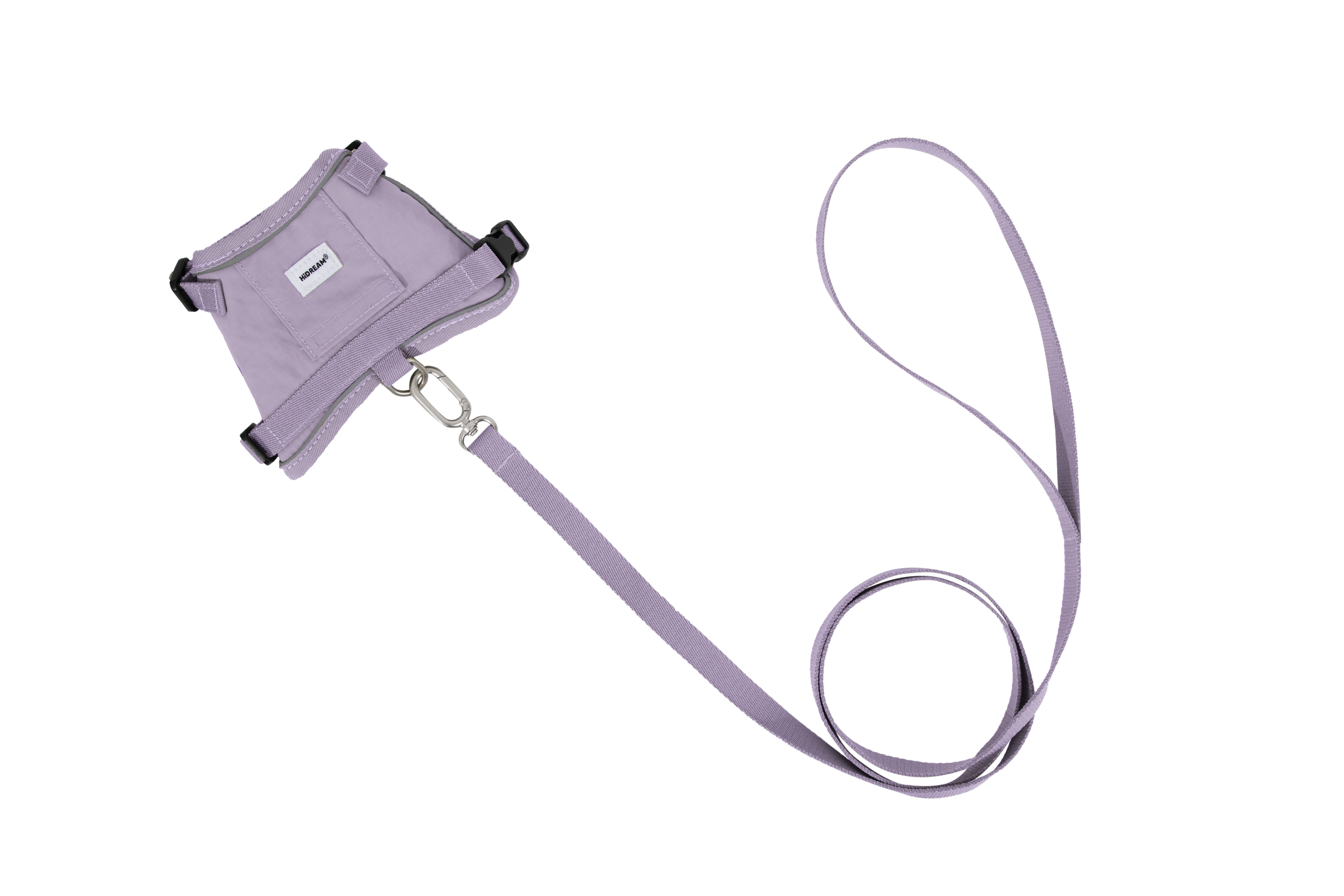 Flat lay of a purple cat harness paired with a matching purple leash on a white background, highlighting the metal attachment clip.