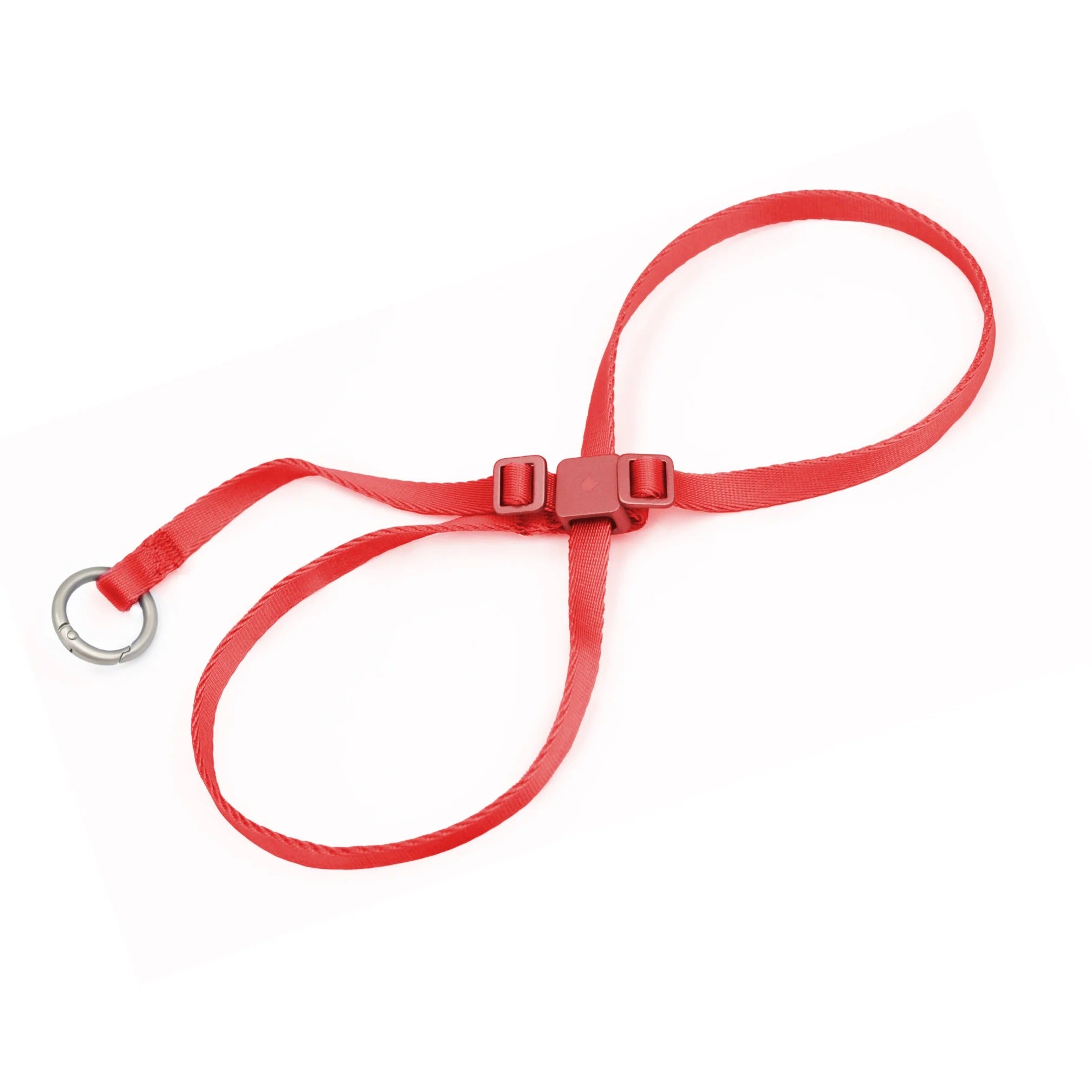 Red cat harness featuring a square buckle connector, adjustable strap buckles, and metal leash ring