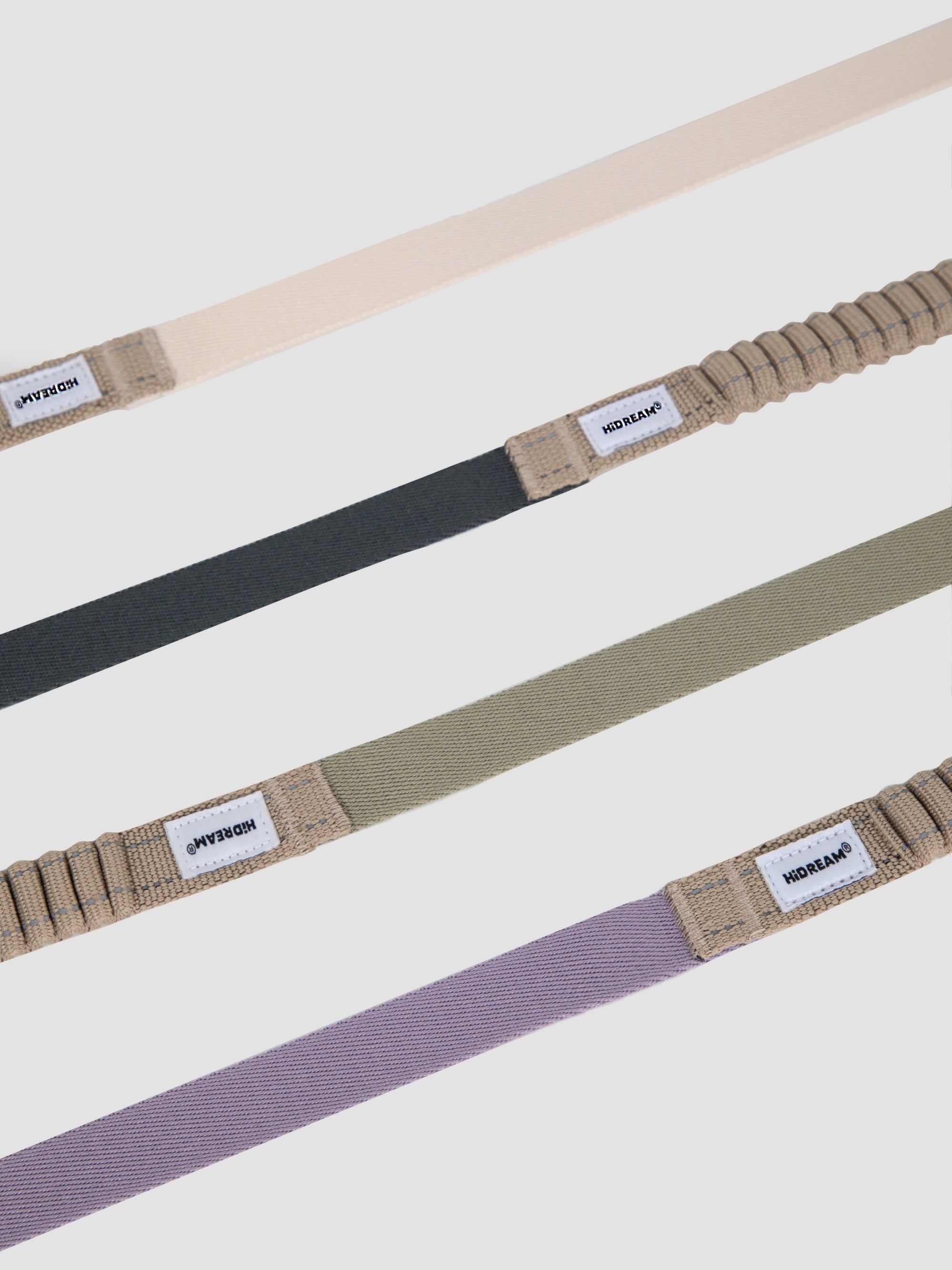  Flat lay of four dog leash color options (beige, black, olive green, purple) featuring a shock-absorbing bungee section and woven label detail.