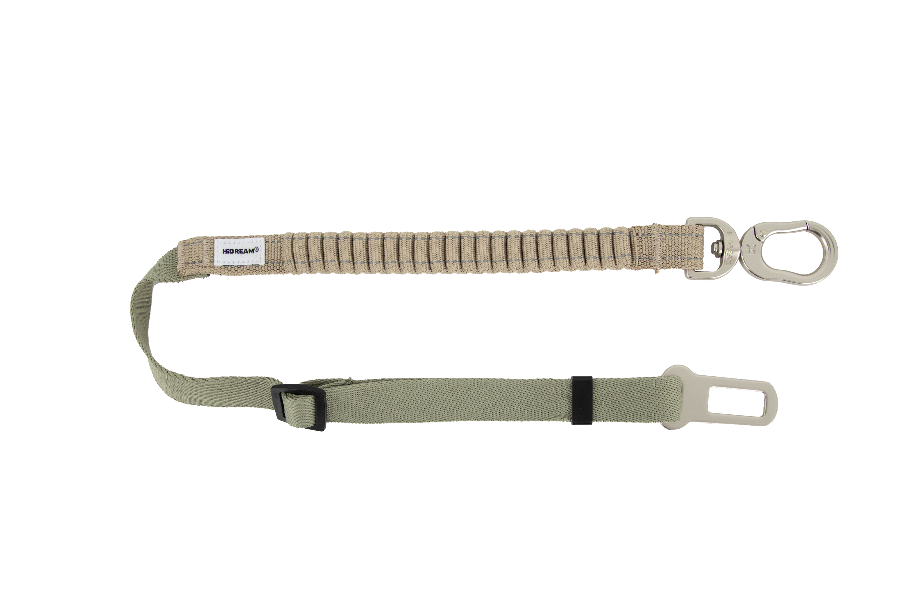 Shock-absorbing dog car seatbelt tether with elastic webbing and adjustable length, shown fully extended on a transparent background.