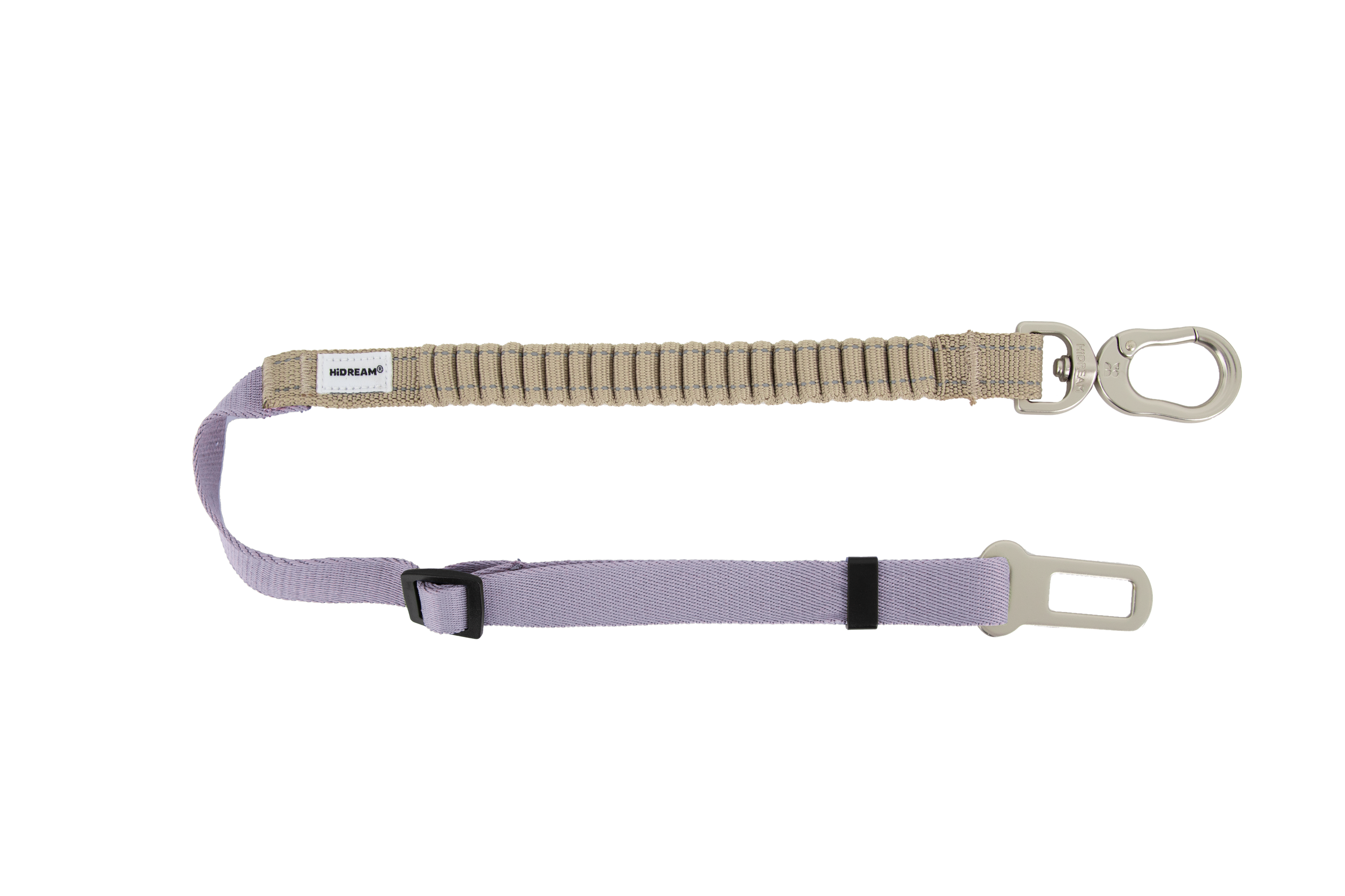 Shock-absorbing dog car seatbelt tether with elastic webbing and adjustable length, shown flat on a transparent background in purple.