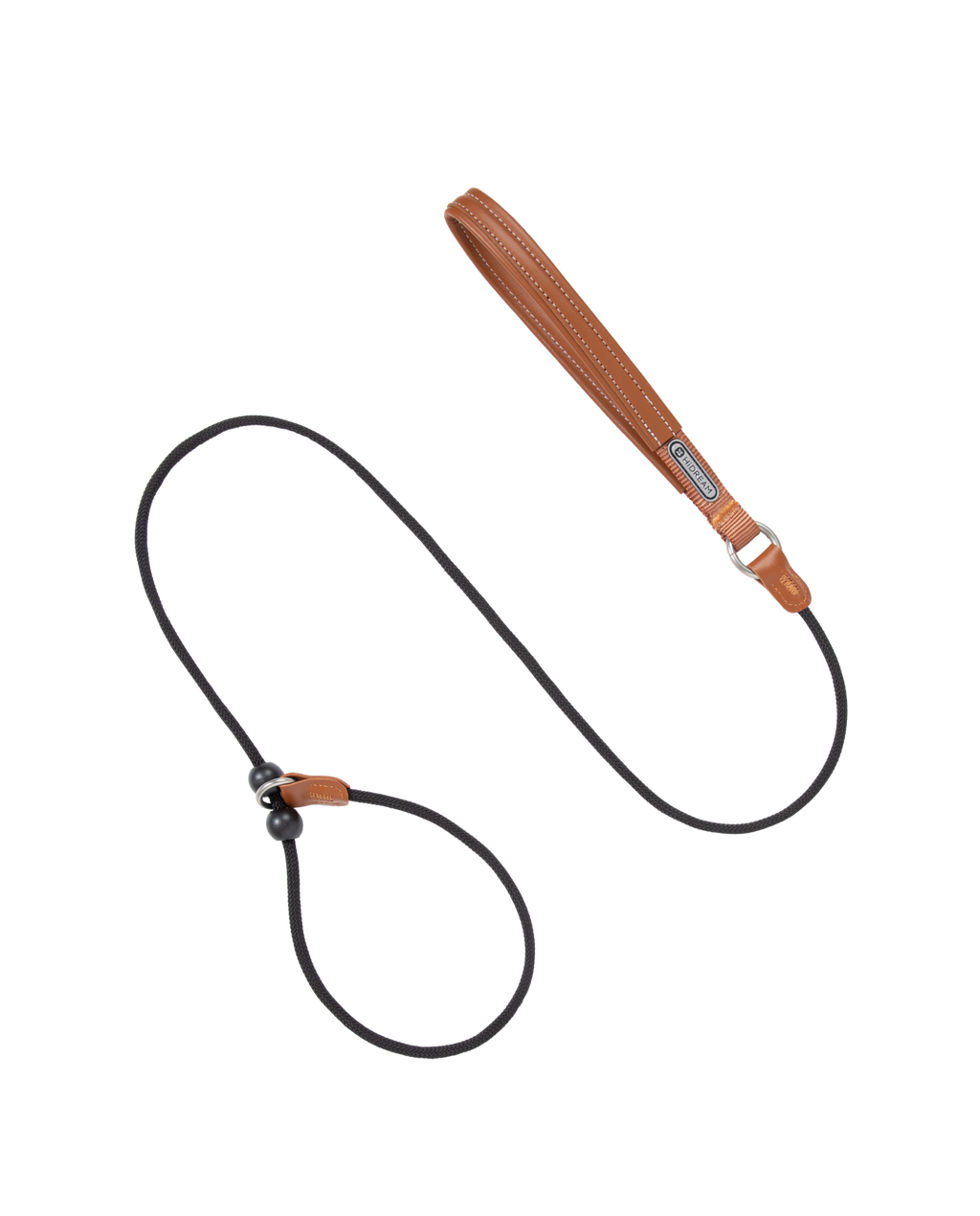 Black nylon rope slip dog leash with a brown leather handle, displayed flat on a transparent background.