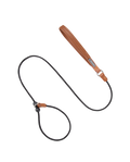 Black nylon rope slip dog leash with a brown leather handle, displayed flat on a transparent background.